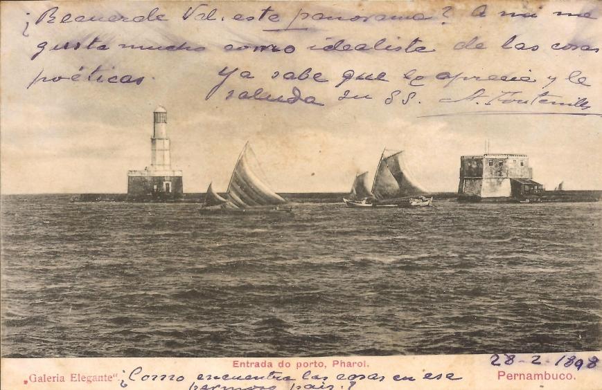 postal de 1898 mostrando o farol e o forte com jangadas à frente